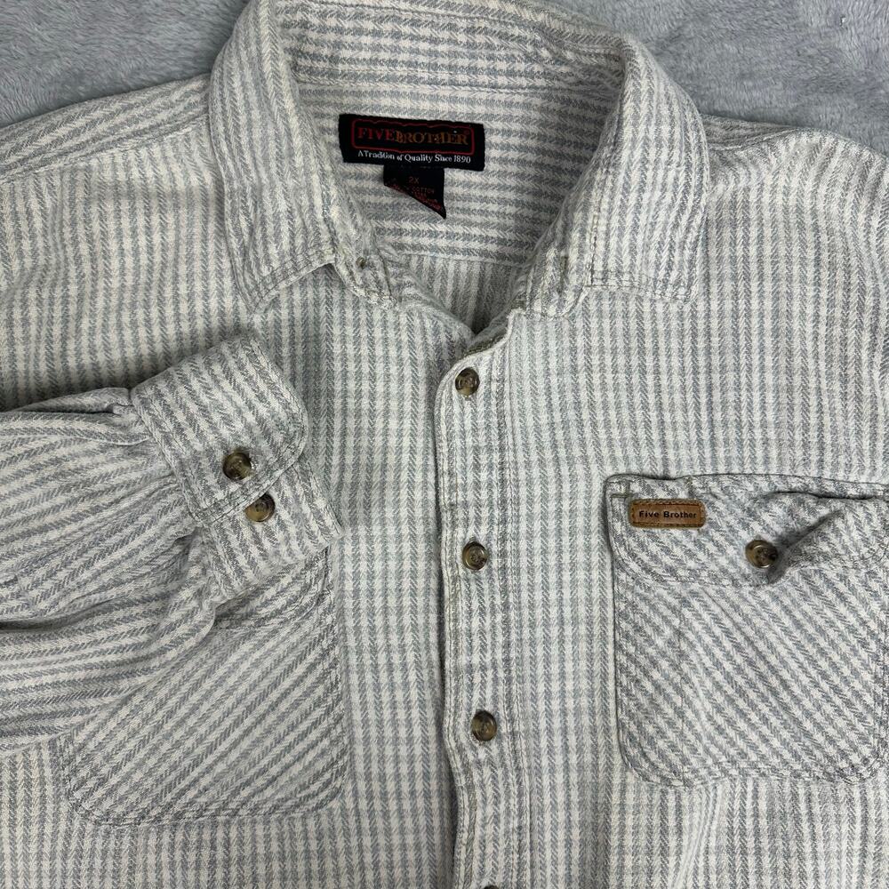 Vintage 90s Five Brother Heavy Flannel Shirt Mens 2XL Gray Herringbone Check